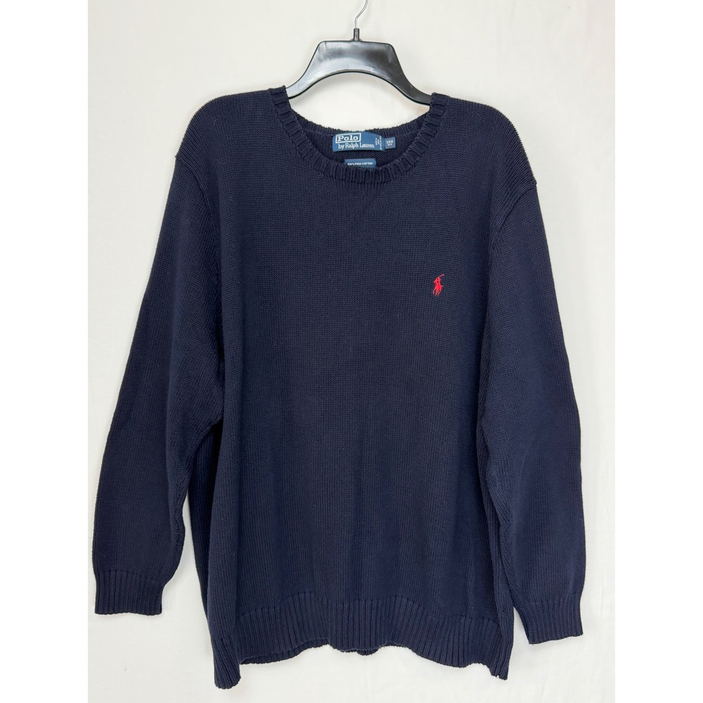 Polo Ralph Lauren Men 100% Pima Cotton Sweater 3XB Navy Blue Red Pony Logo Big